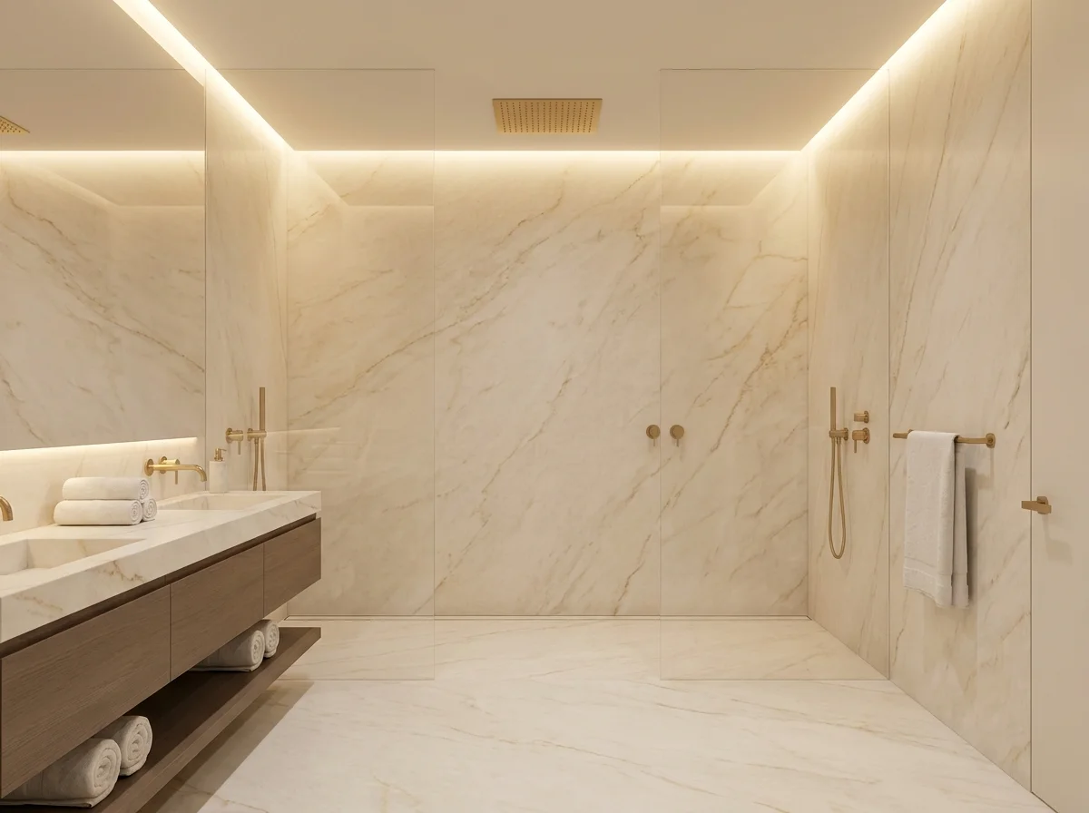 Interior designer reviewing luxury marble and stone samples at ARCA showroom Miami
