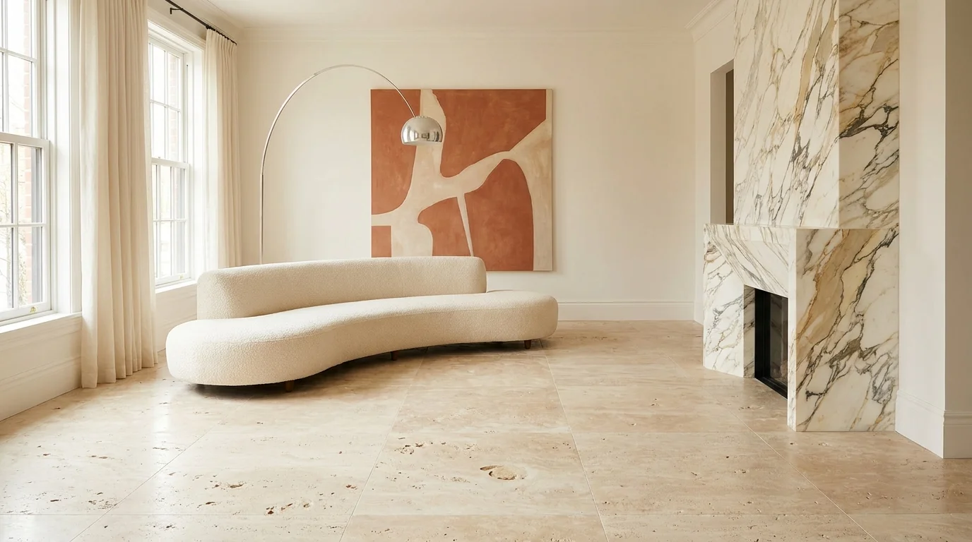 Interior designer selecting marble and travertine stone samples at ARCA Miami showroom
