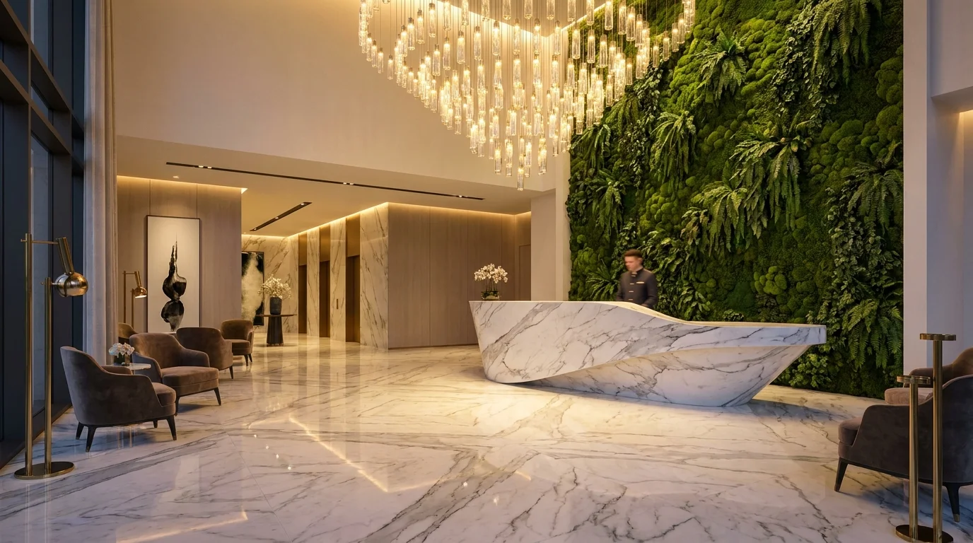 Luxury residential building lobby with premium marble stone finishes — real estate developer Miami